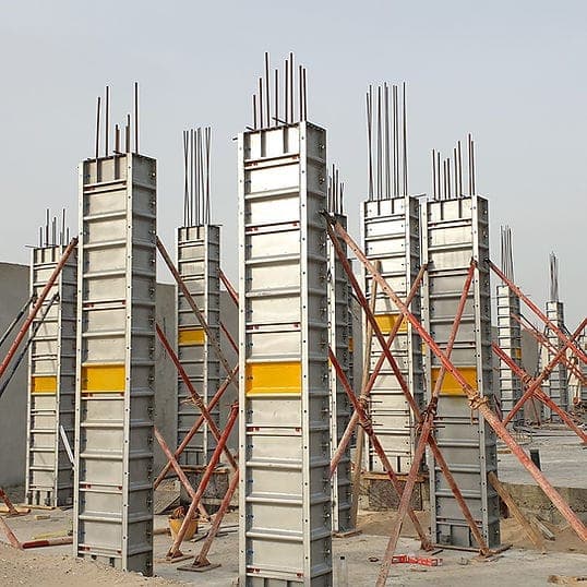 Column formwork panels stacked at site